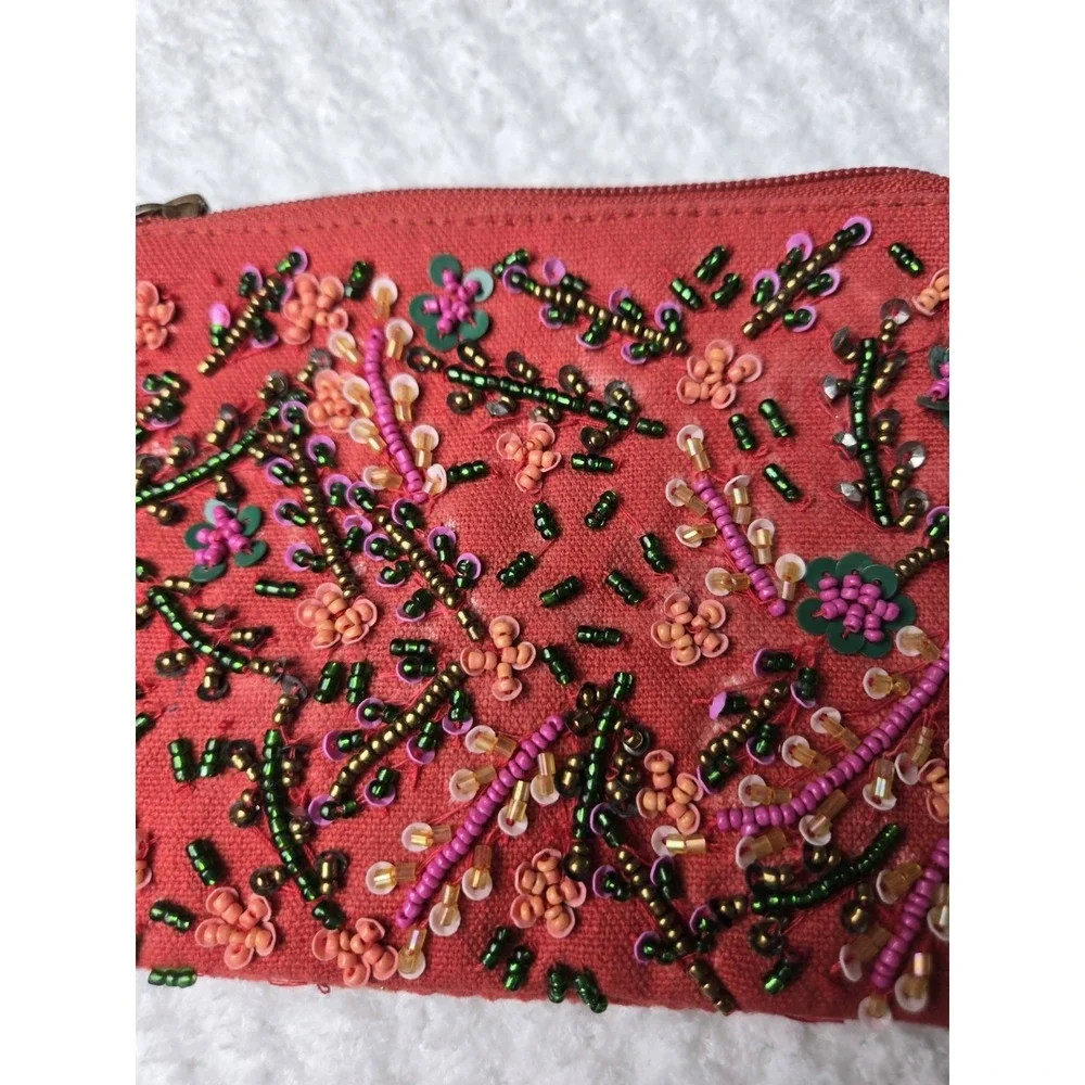 America & Beyond Bohemian style‎ small beaded pouch tassel red Linen blend